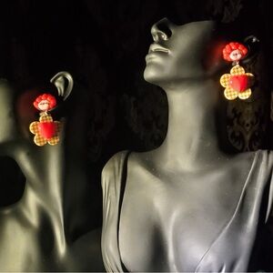 Queen of Red Hearts Yellow Flower Checkerboard Cartoon Silver Earrings